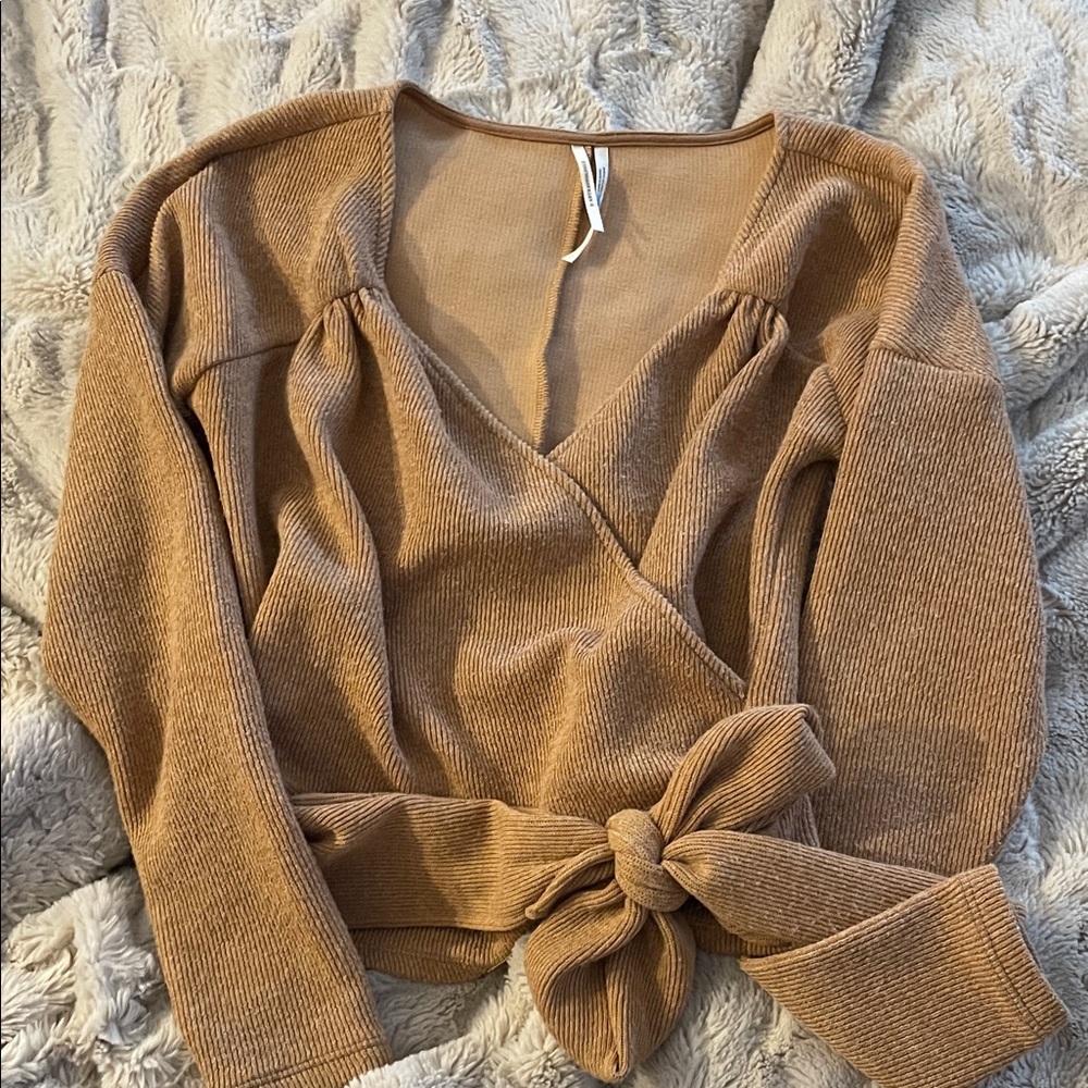 Anthropologie Wrap Sweater Ribbed Honey Beige Tie Front sz SM